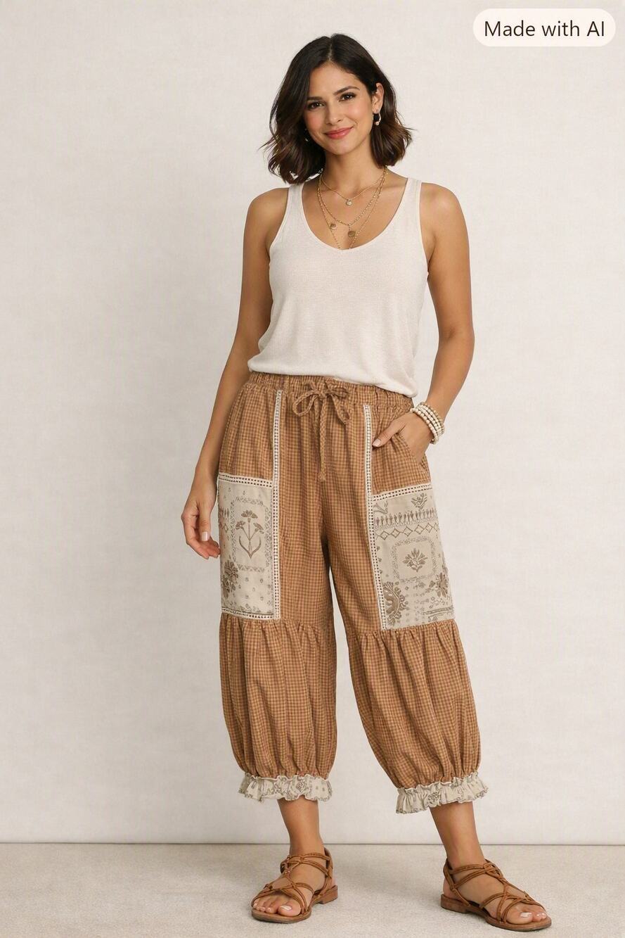 Davi & Dani Embroidered Boho Gingham Embroidered Pants – Small | 100% Cotton